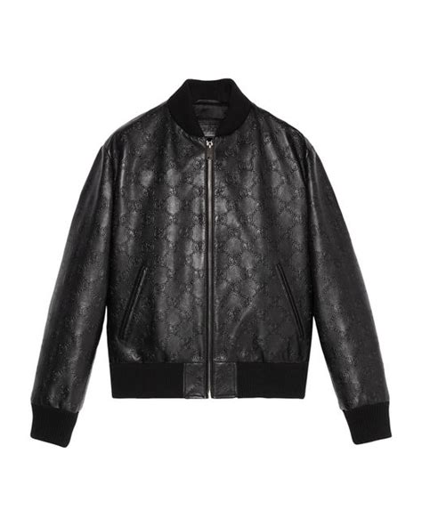 black gg leather bomber jacket